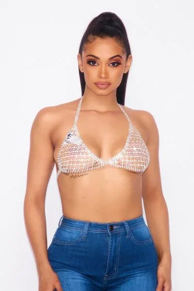 Rhinestone Jewel Halter Top – Silver –