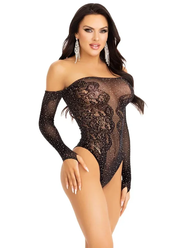 Rhinestone Net Lace Teddy Lingerie One Size Black Sexy Wear