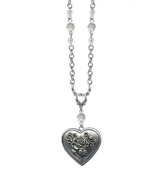 Rose Heart Emobssed Locket Necklace – Crystal Faceted Beads