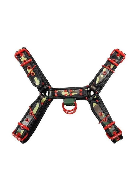 Rouge Camo Leather Body Harness with Red Hardware Adjustable Fit