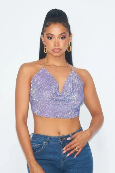Ruby Metallic Rhinestone Cowl Halter Neck Crop Top – Lavender –