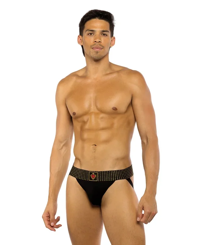 Sacred Heart Jockstrap with Contoured Pouch & Studded Elastic Waist – Black