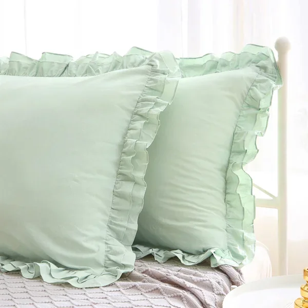 Sage Green Ruffle Euro Pillow Shams 26X26 Set Of 2, Washed Cotton Shabby And C