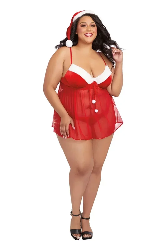 Santa Babydoll, Thong and Hat – 3x – Lipstick Red