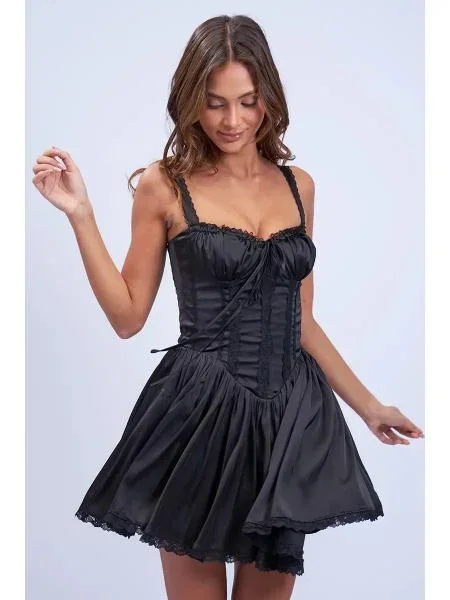 Satin Corset Shape Lace Trim Flare Mini Dress – Black –