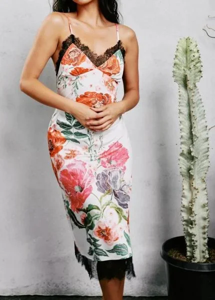 Satin Midi Slip – Embroidered Floral Print –