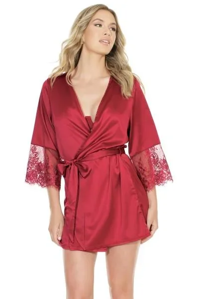 Satin Robe with Lace Finish – Merlot – One Size