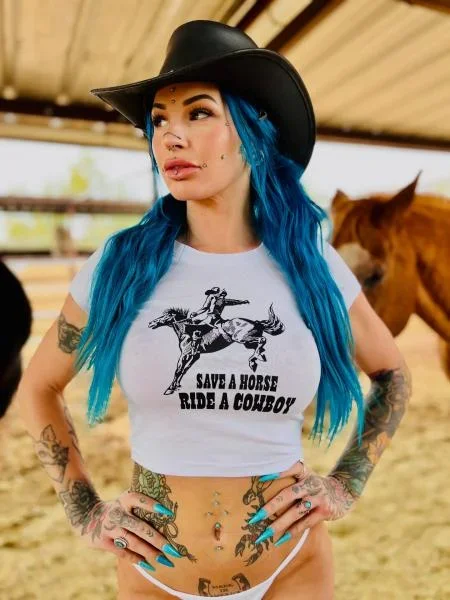 Save a Horse Ride a Cowboy Crop Top – White –