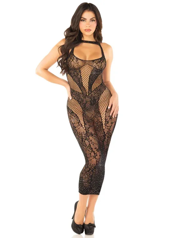 Seamless Rhinestone Lace Net Bodycon Dress One Size Black