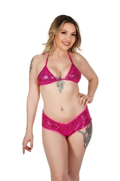 Sequin Booty Shorts and Top Set – Fuchsia – One Size