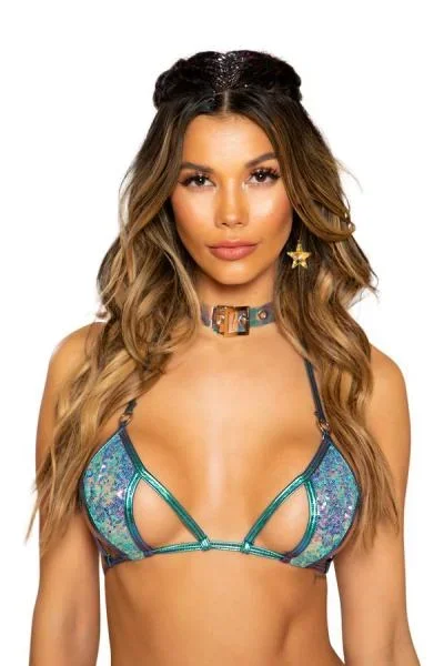 Sequin Cutout Tie Top – Jade Blue – One Size