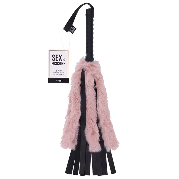 Sex & Mischief Brat Faux Fur Flogger – Black 50 cm Whip with Pink Faux Feather