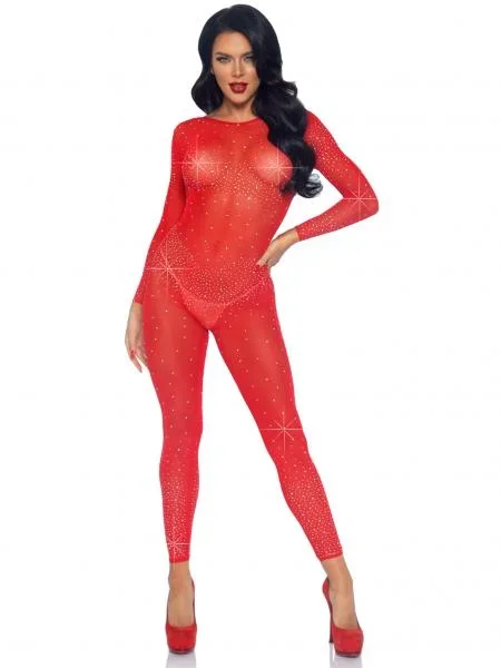 Sheer Rhinestone Catsuit – Red –