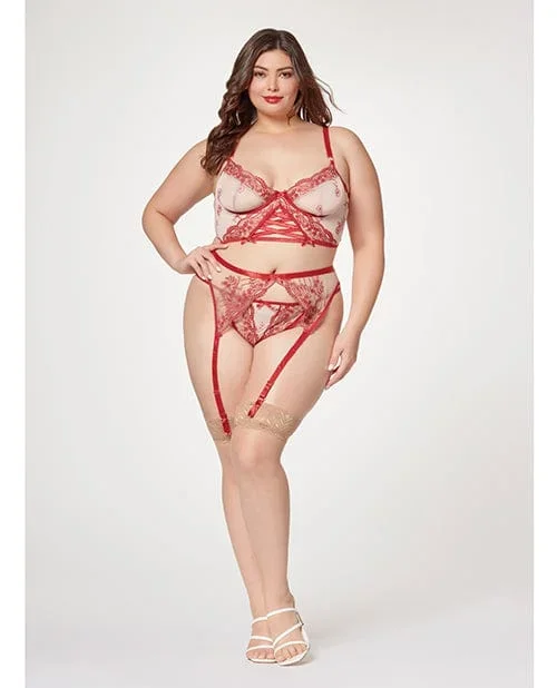 Sheer Stretch Mesh With floral Contrast Embroidery Bustier, Garter Belt & Thong Red/nude