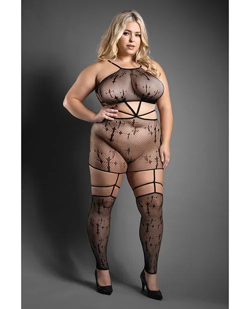 Sheer Unholy Gartered Bodystocking Dress w/Attached Stockings – Black QN