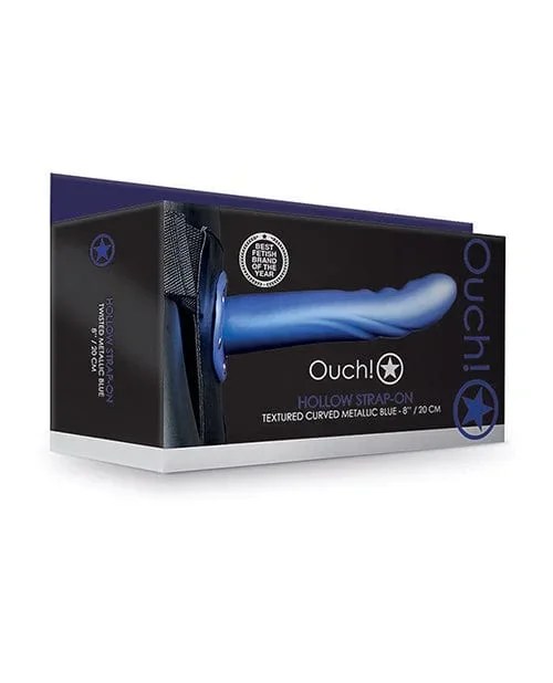 Shots Ouch 8 Inch Textured Curved Hollow Strap On – Metallic Blue