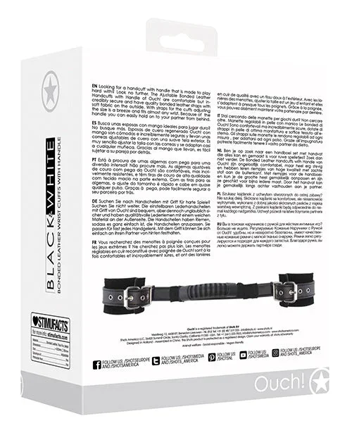 Shots Ouch Black & White Bonded Leather Hand Cuffs w/Handle – Black