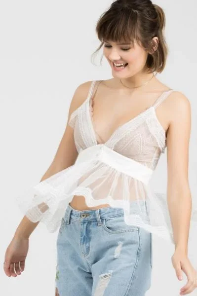 Sleeveless Mesh Deep V Neck with Lace Contrast – Ivory –