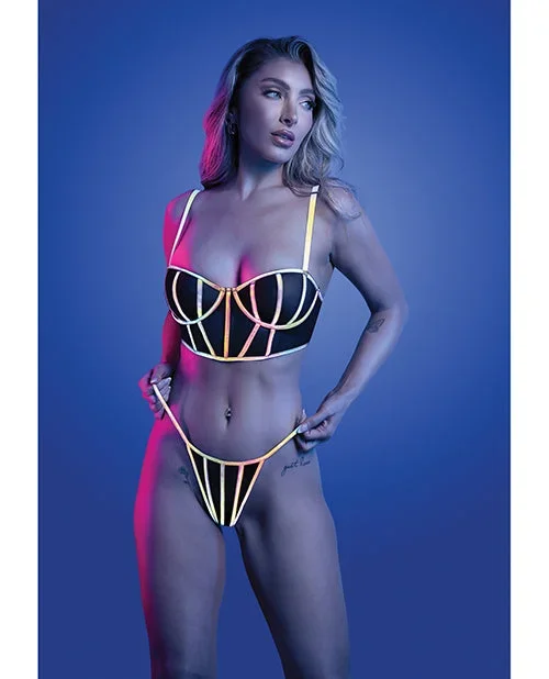 Solar Flare Flash Reflective Binding Underwire Bra & Thong Set – Black M/L