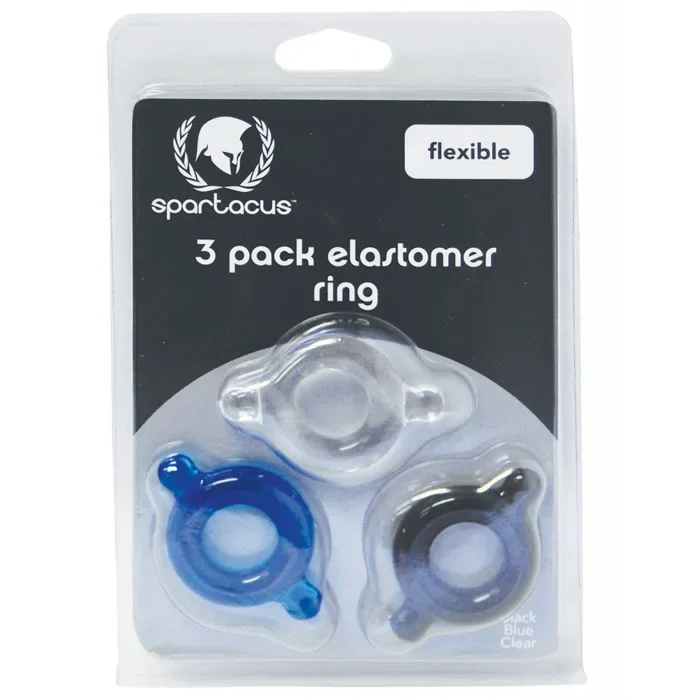 Spartacus Elastomer Cock Ring Set – Black, Blue & Clear Pack of 3