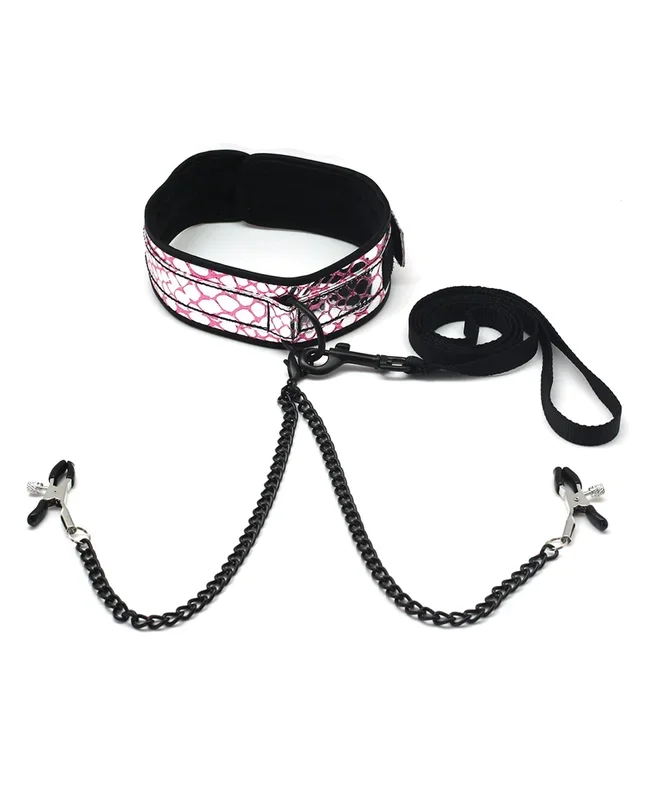 Spartacus Faux Leather Collar & Leash w/Black Nipple Clamps – Pink
