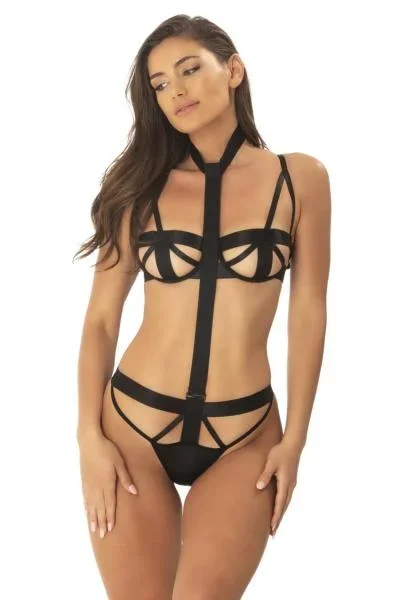 Strappy Bra, Backless Panty and Removable Harness – Black –