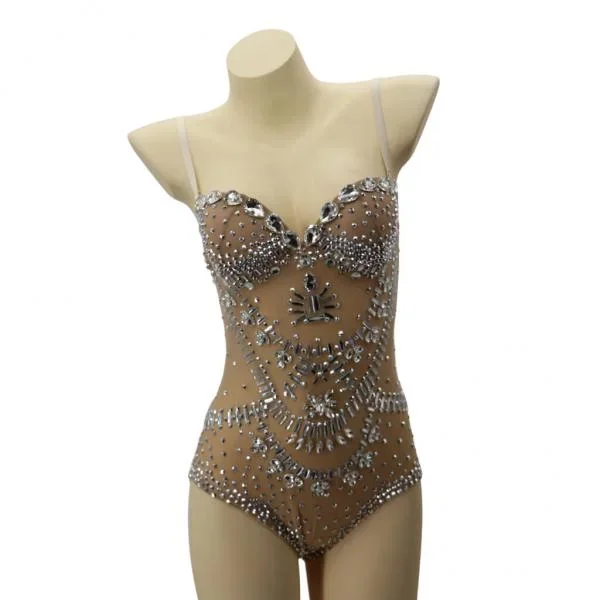 Studded Rhinestone Mesh Bodysuit – Silver/Nude –