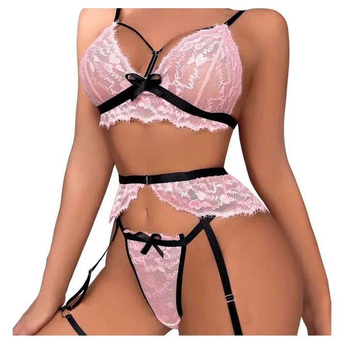 Sunset Intimates Bra & Panty Lace Garter 2-Piece Set
