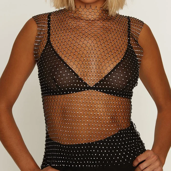 T001 Super Stylish Diamante Studded Mesh Top