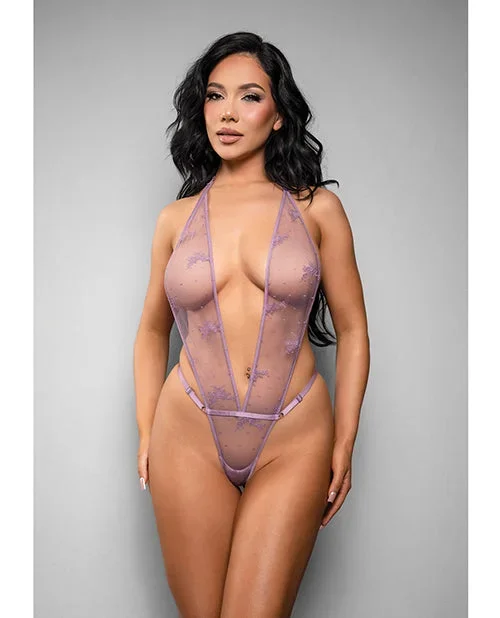 Temptress Gisele Sheer Floral Mesh Open Back Teddy – Lavender L/XL