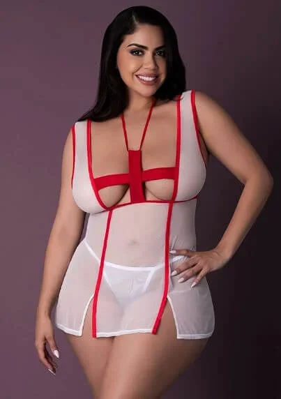 Tender Care Sexy Nurse Costume – White 2XL | Sheer Stretch Mesh, Flirty Mini Dress