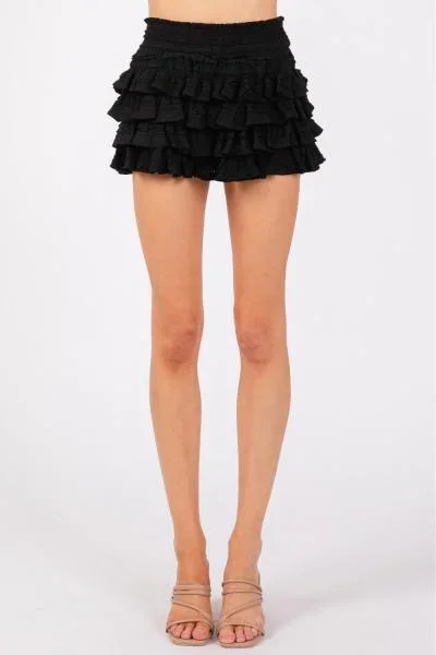 Textured Knit Ruffle Tiered Skort – Black –