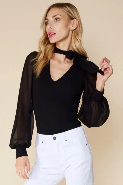 V-Neck Bodysuit with Chiffon Sleeves and Neck Tie – Black –