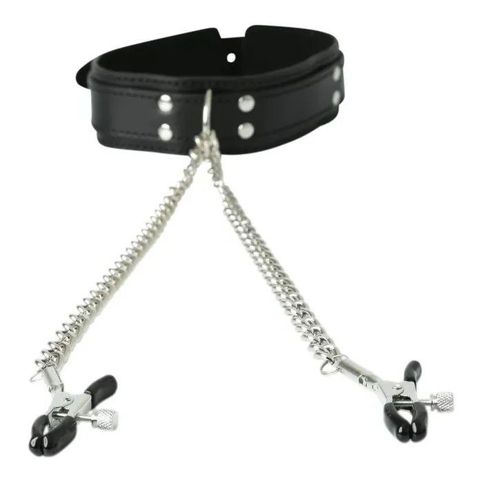 Vegan Leather Collar with Nipple Clamps | Sportsheets BDSM Accessories