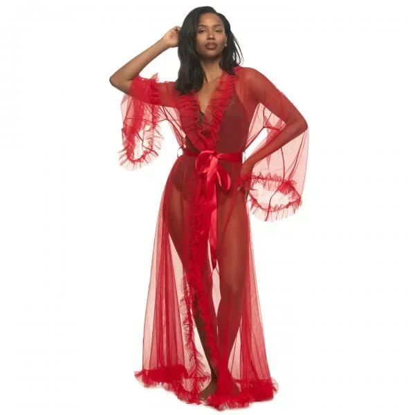 Veil Tulle Ruffle Peignoir Robe – Tango Red –