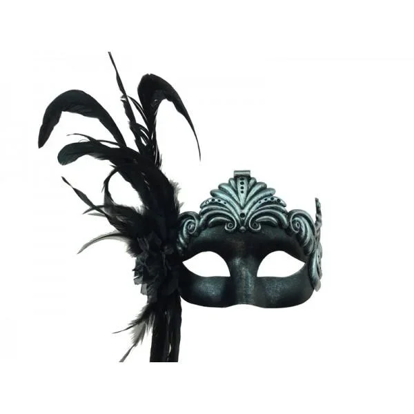 Venetian Mask with Feathers Aside – Black/Silver
