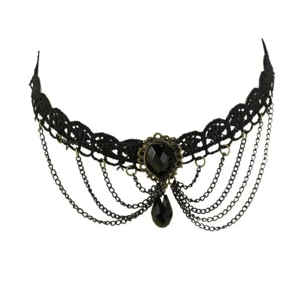 Victorian Lace Choker With Gold Frame Pendant