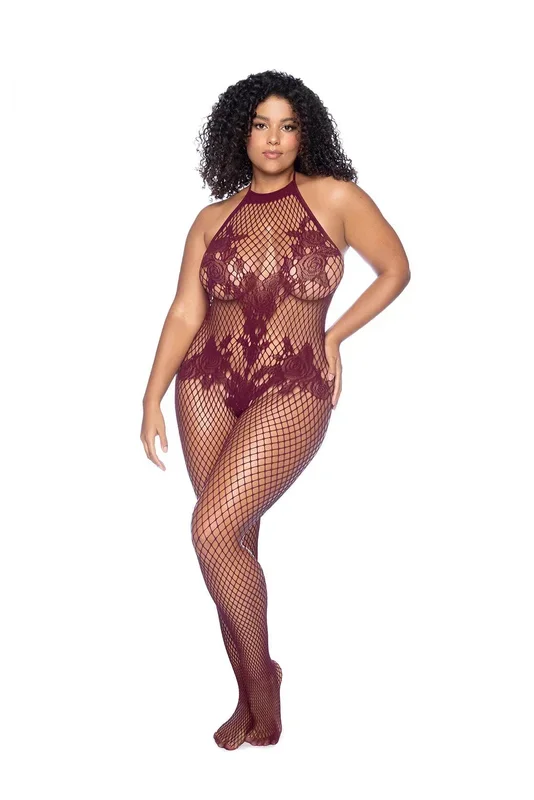 Vino Noir Floral Fishnet Halter Bodystocking for Women