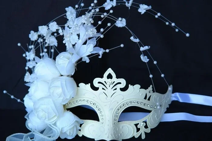 Wedding Masquerade Mask with Flowers Aside Rhinestone Eyes – White