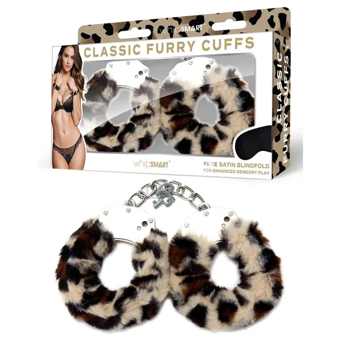 WhipSmart Classic Furry Cuffs – Leopard – Leopard Furry Restraints with Bonus Eye Mask