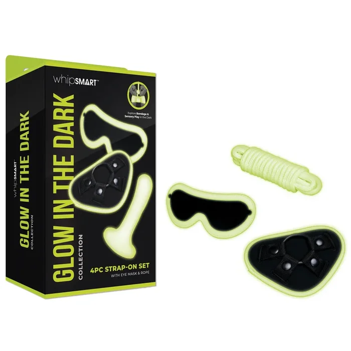 WhipSmart Glow In The Dark 4pc Strap-On Set – Glow in Dark 15.2 cm Strap-On with Eye Mask & Rope