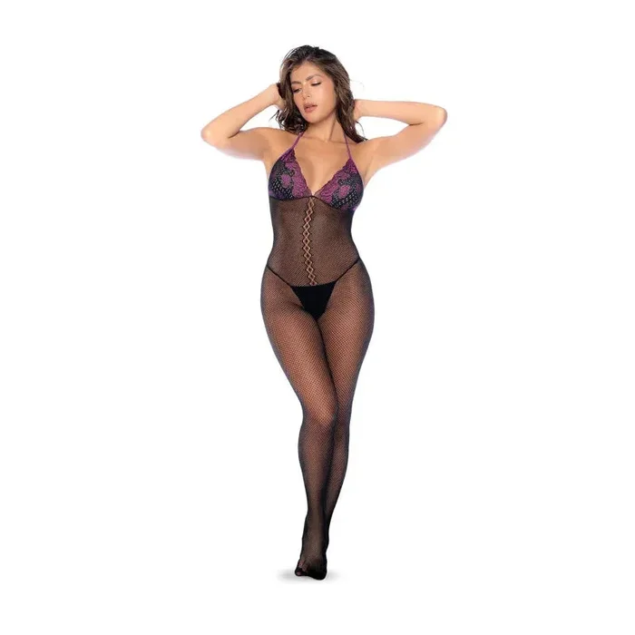 Whispered Lace Fishnet Bodystocking – Os – Black/purple