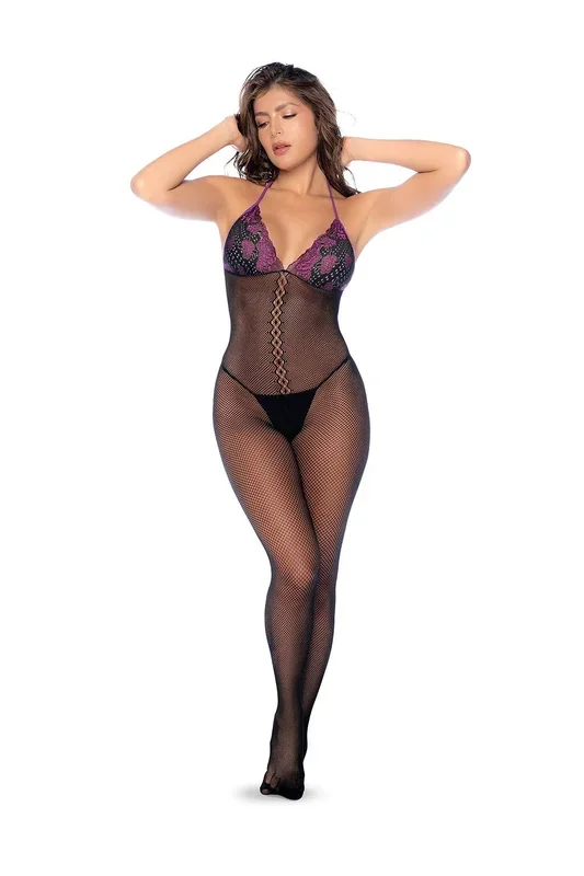 Whispered Lace Fishnet Bodystocking Black Purple Lingerie