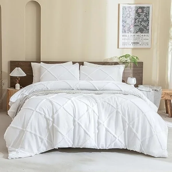 White Boho Comforter Full Size (79X90 Inches), 3 Pieces Lightweight Soft Luxur