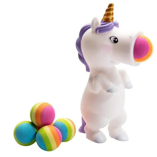 White Unicorn Popper Toy Shoot Foam Balls Up To 20 Feet 6 Rainbow Balls Inc