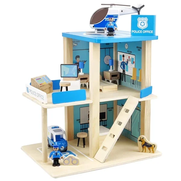 Wooden Police Station Playset Toy, Multicolor 3 Level Pretend Play Dollhouse S