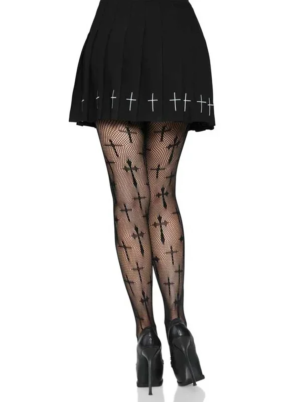 Worship Me Plus Size Cross Pattern Fishnet Tights Black