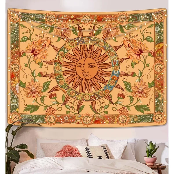 Yellow Sun And Moon Tapestry Vintage Indie Boho Tapestry Wall Hanging With Sun